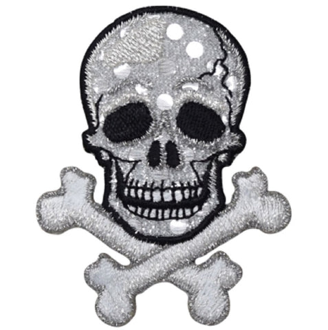 Skull Crossbones Applique Patch - Shimmery Silver Skeleton Badge 2.75" (Iron on) - Patch Parlor