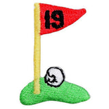 A miniature embroidered applique patch depicting a golf flag with the number 19 and a golf ball on the putting green.