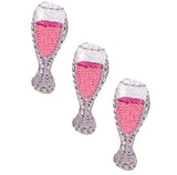 Three embroidered patches shaped like champagne glasses filled with a pink liquid