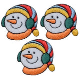 Three embroidered patches depicting mini snowmen with colorful hats and green ear muffs, arranged in an aligned fashion.