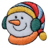 A embroidered patch depicting a smiling snowman with a colorful striped hat and ear muffs.