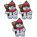 Three mini snowman applique patches with red hats and scarves, iron-on applied on a white background