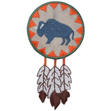 A embroidered patch featuring a buffalo (bison) with feathers around it, designed to resemble a dream catcher, with an iron-on backing.