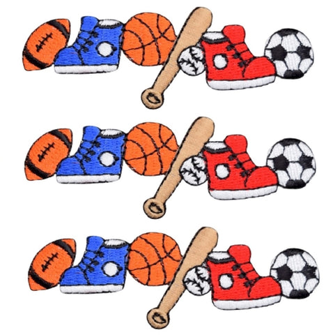 Sports Applique Patch - Sneakers Balls Baseball Bat 3.5" (3-Pack, Iron on)