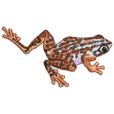 A shiny brown frog applique patch  designed for iron on application.