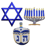 A set of three embroidered Hanukkah applique patches, including a Star of David, a Menorah, and a Dreidel on a white background.