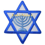 A Star of David shaped embroidered patch with a Hanukkah Menorah design in the center, predominantly blue and white in color.