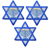 Three embroidered patches featuring the Star of David with a Hanukkah Menorah in the center, in blue and white colors.