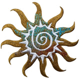 A embroidered sun applique patch on a white background.