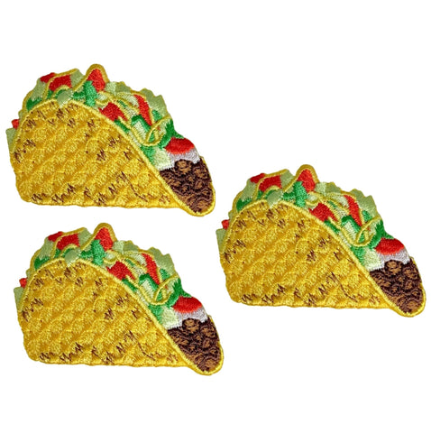 Taco Applique Patch - Hard Shell Beef Taco, Tomatoes, Sour Cream, Lettuce, Cheese 2-1/8" (3-Pack, Iron on) - Patch Parlor
