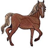 A brown horse applique patch with a realistic design, intended for iron-on application onto fabric.