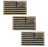 three tan and black mini reverse US flag patches on a white background, intended to be used on the right side of a hat, shirt, or uniform.