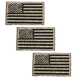 three tan and black mini US flag patches on a white background