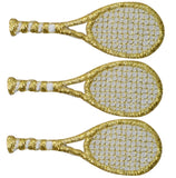 Three gold tennis racket applique patches on a white background.