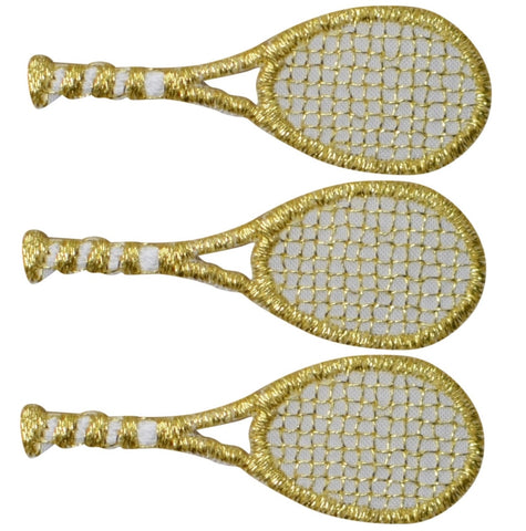 Tennis Racket Applique Patch - Gold, Sports Badge 1.75" (3-Pack, Iron on) - Patch Parlor
