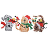 An embroidered patch featuring cats dressed in Christmas attire such as Santa hats and holding Christmas lights, designed for iron-on application.