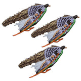 three fly fishing lure patches on a white background