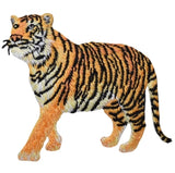 A patch in the shape of a tiger, with realistic stripes and colors, designed to be ironed onto fabric.