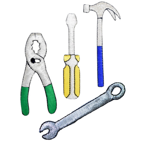 Tool Applique Patch Set - Hammer Pliers Wrench Screwdriver (4-Pack, Iron on) - Patch Parlor