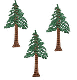Three embroidered applique patches depicting evergreen trees, with brown trunks and green foliage, designed for iron-on application.