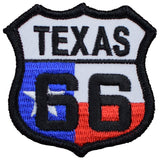 A shield-shaped embroidered patch with the text 'TEXAS 66' on a blue and red background with white stars and stripes.