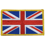 A rectangular embroidered patch featuring the Union Jack, the flag of Great Britain, with a yellow border.