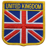 A shield-shaped patch with the Union Jack flag, labeled 'UNITED KINGDOM', with a yellow border.