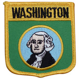 A shield-shaped embroidered patch with the text 'WASHINGTON' at the top, a portrait of George Washington in the center, and yellow bordered green background.