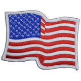 wavy united states flag patch with a white border on a white background