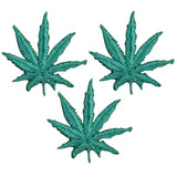A set of three green mini weed leaf applique patches designed for embroidery or sewing projects.