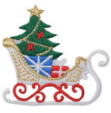 a white Christmas sled patch with presents and a tree inside 