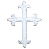 A white embroidered cross patch designed for iron on application