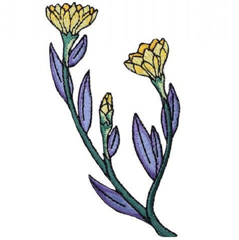 Flower Applique Patch - Yellow Bloom, Purple Stem, Leaves Badge 3-5/8" (Iron on) - Patch Parlor