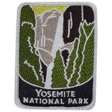 A patch featuring an illustration of Upper and Lower Falls, Yosemite National Park, with a label, predominantly green and beige in color.